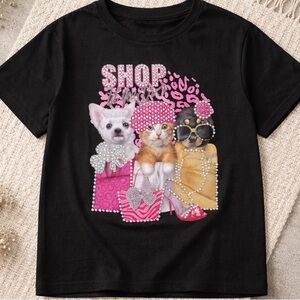 Shop T-Shirt Womens S/M Black Crew Neck Dog Cat Graphic Rhinestone Beaded